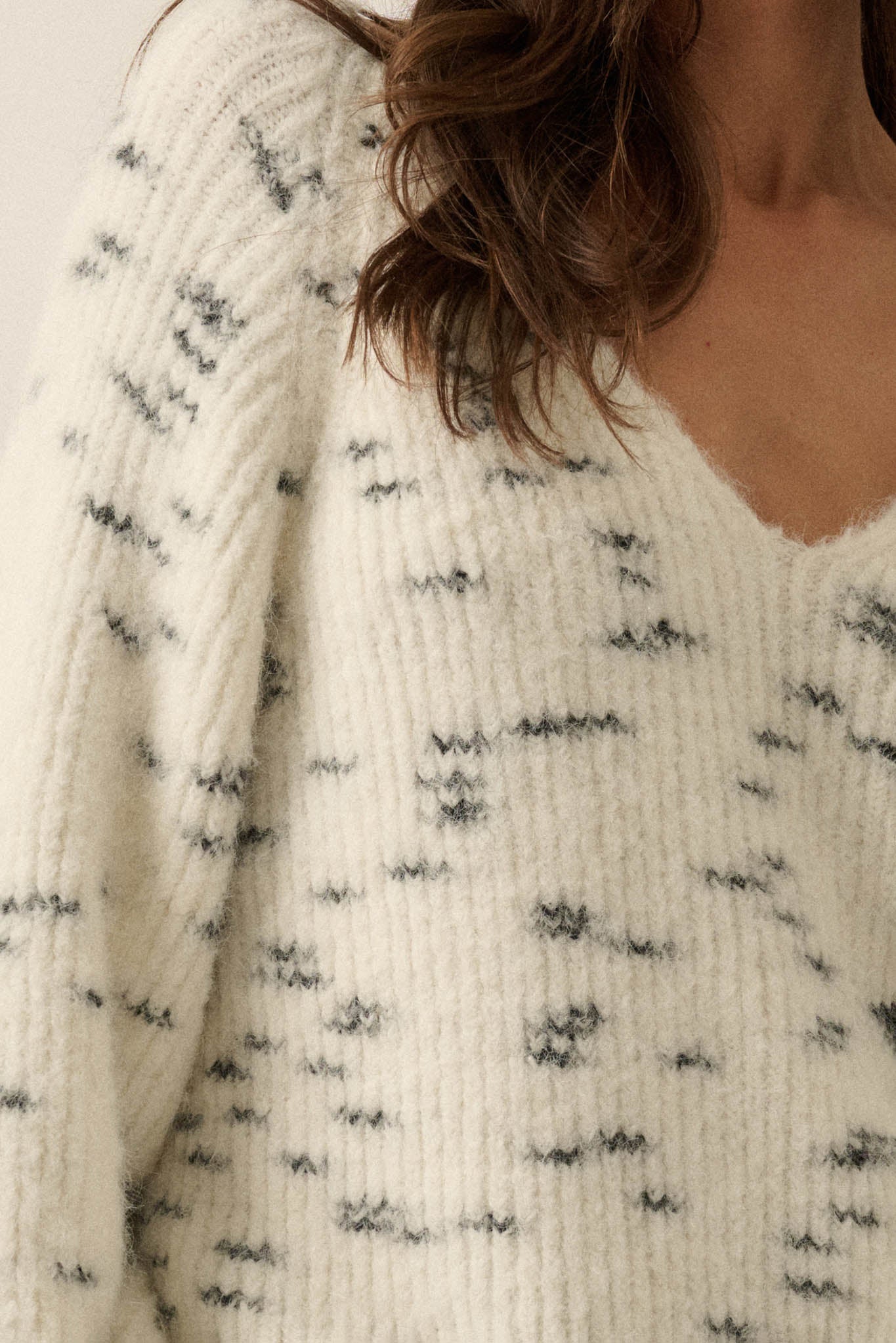 Warm Hearted Fuzzy Speckled Wide V-Neck Sweater - ShopPromesa