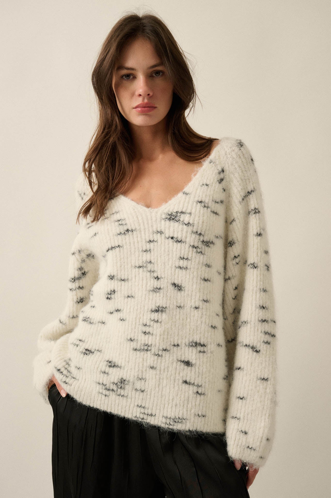 Warm Hearted Fuzzy Speckled Wide V-Neck Sweater - ShopPromesa