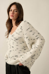 Warm Hearted Fuzzy Speckled Wide V-Neck Sweater - ShopPromesa