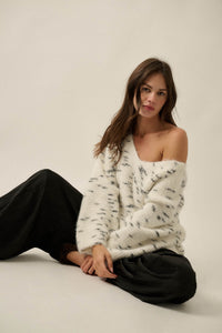Warm Hearted Fuzzy Speckled Wide V-Neck Sweater - ShopPromesa