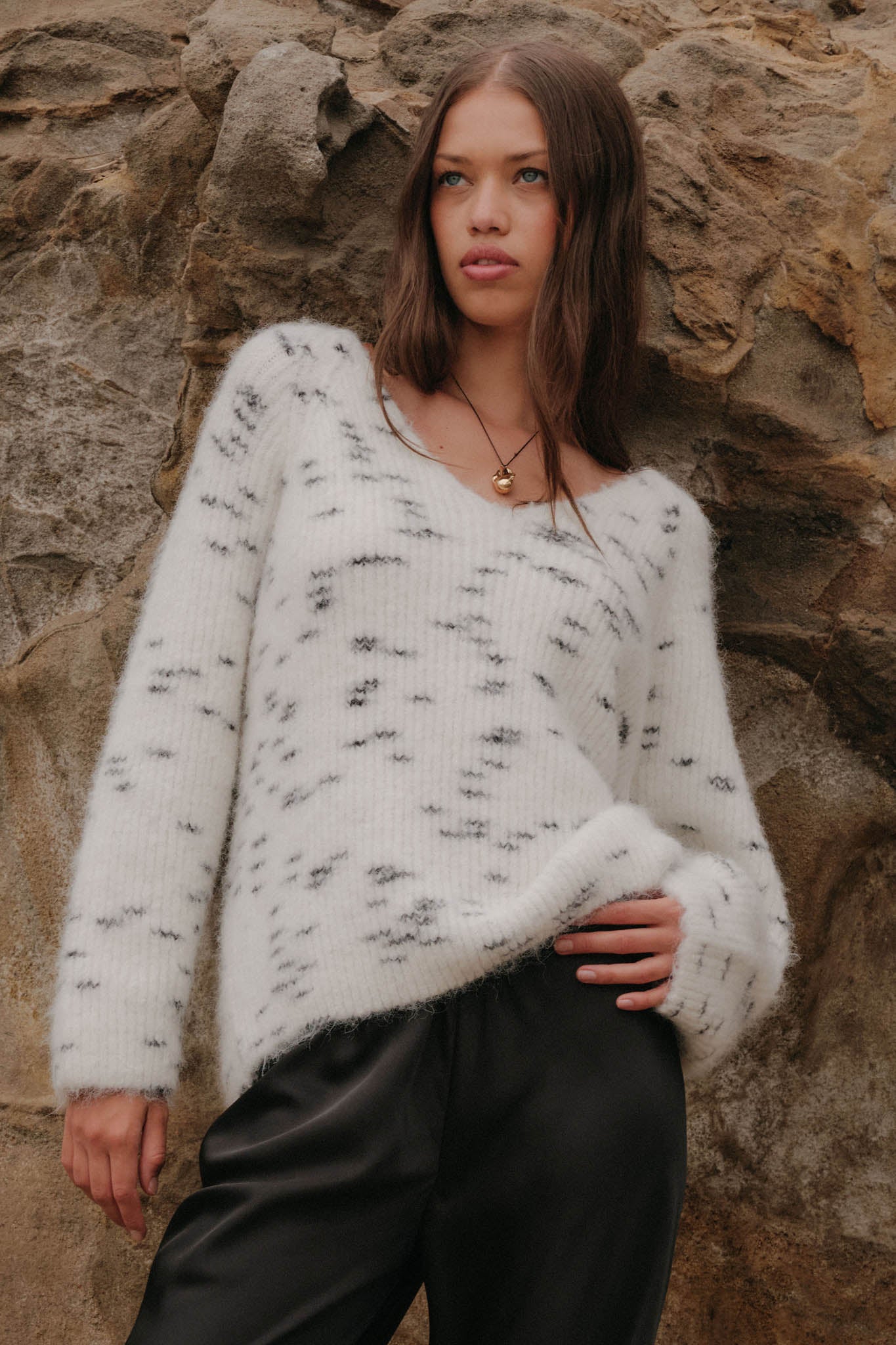 Warm Hearted Fuzzy Speckled Wide V-Neck Sweater - ShopPromesa