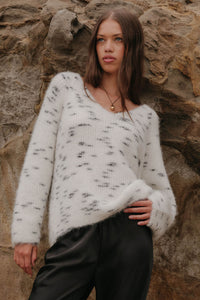 Warm Hearted Fuzzy Speckled Wide V-Neck Sweater - ShopPromesa