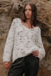 Warm Hearted Fuzzy Speckled Wide V-Neck Sweater - ShopPromesa