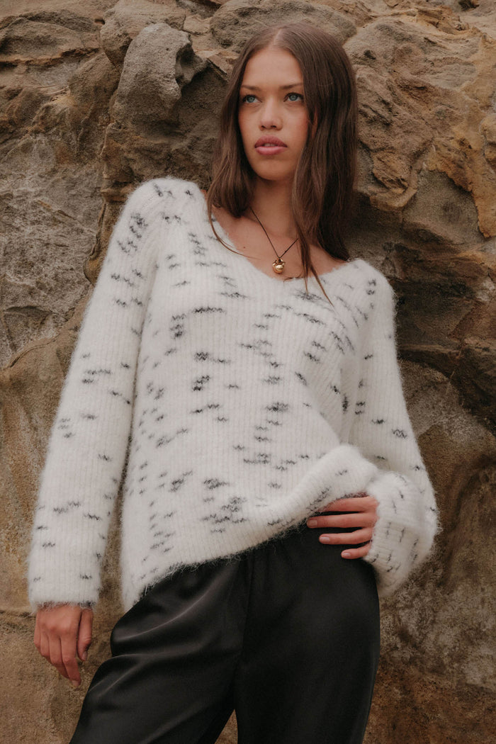Warm Hearted Fuzzy Speckled Wide V-Neck Sweater - ShopPromesa