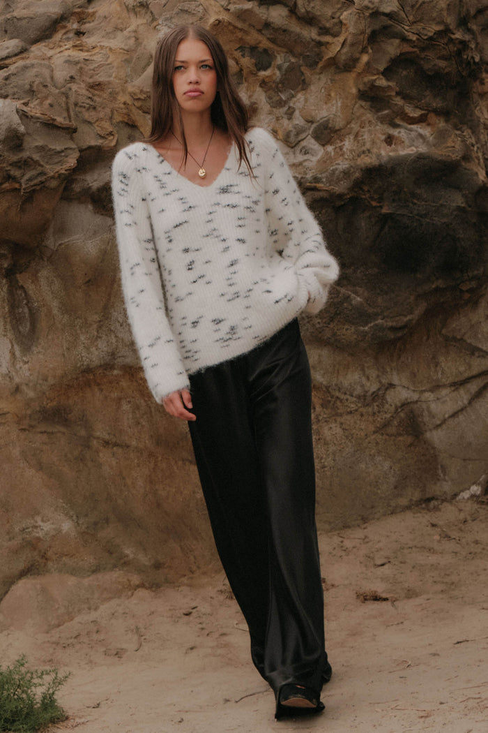 Warm Hearted Fuzzy Speckled Wide V-Neck Sweater - ShopPromesa