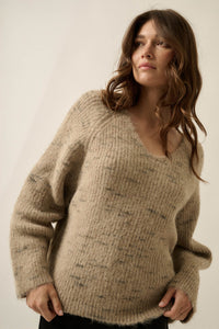 Warm Hearted Fuzzy Speckled Wide V-Neck Sweater - ShopPromesa