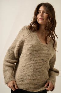 Warm Hearted Fuzzy Speckled Wide V-Neck Sweater - ShopPromesa
