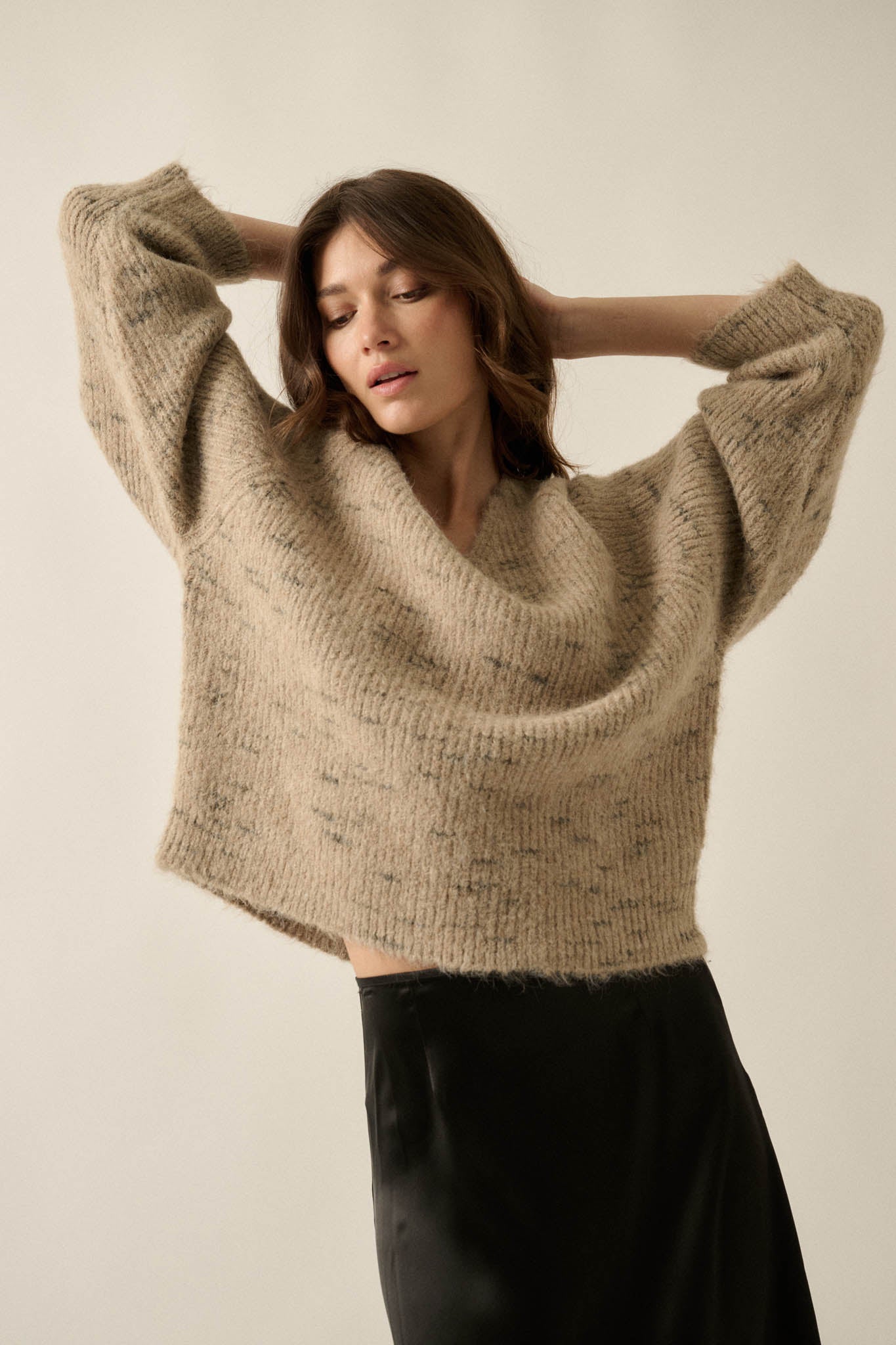 Warm Hearted Fuzzy Speckled Wide V-Neck Sweater - ShopPromesa