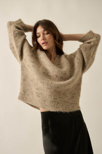 Warm Hearted Fuzzy Speckled Wide V-Neck Sweater - ShopPromesa