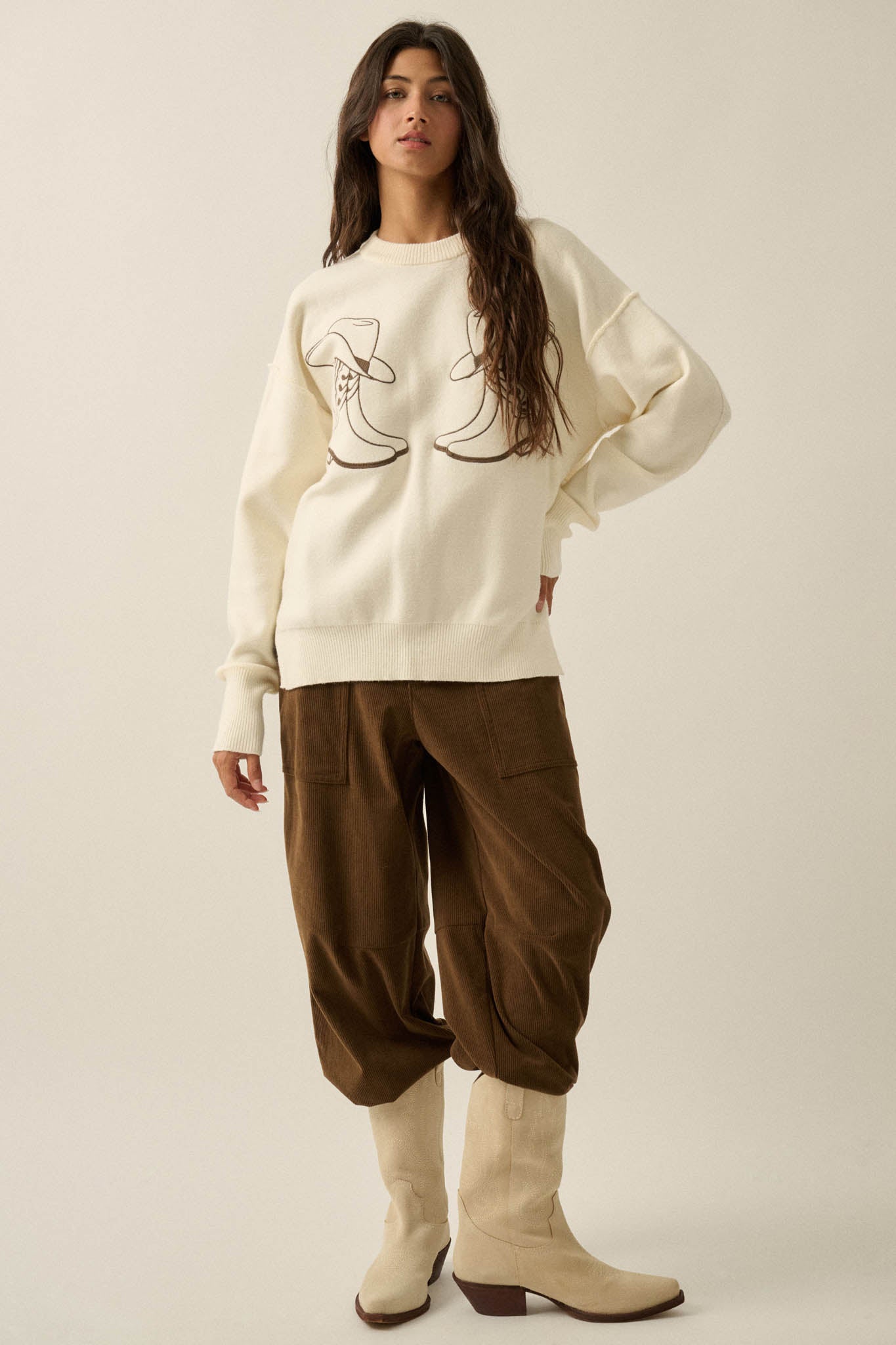 Head Over Boots Embroidered Exposed-Seam Sweater - ShopPromesa