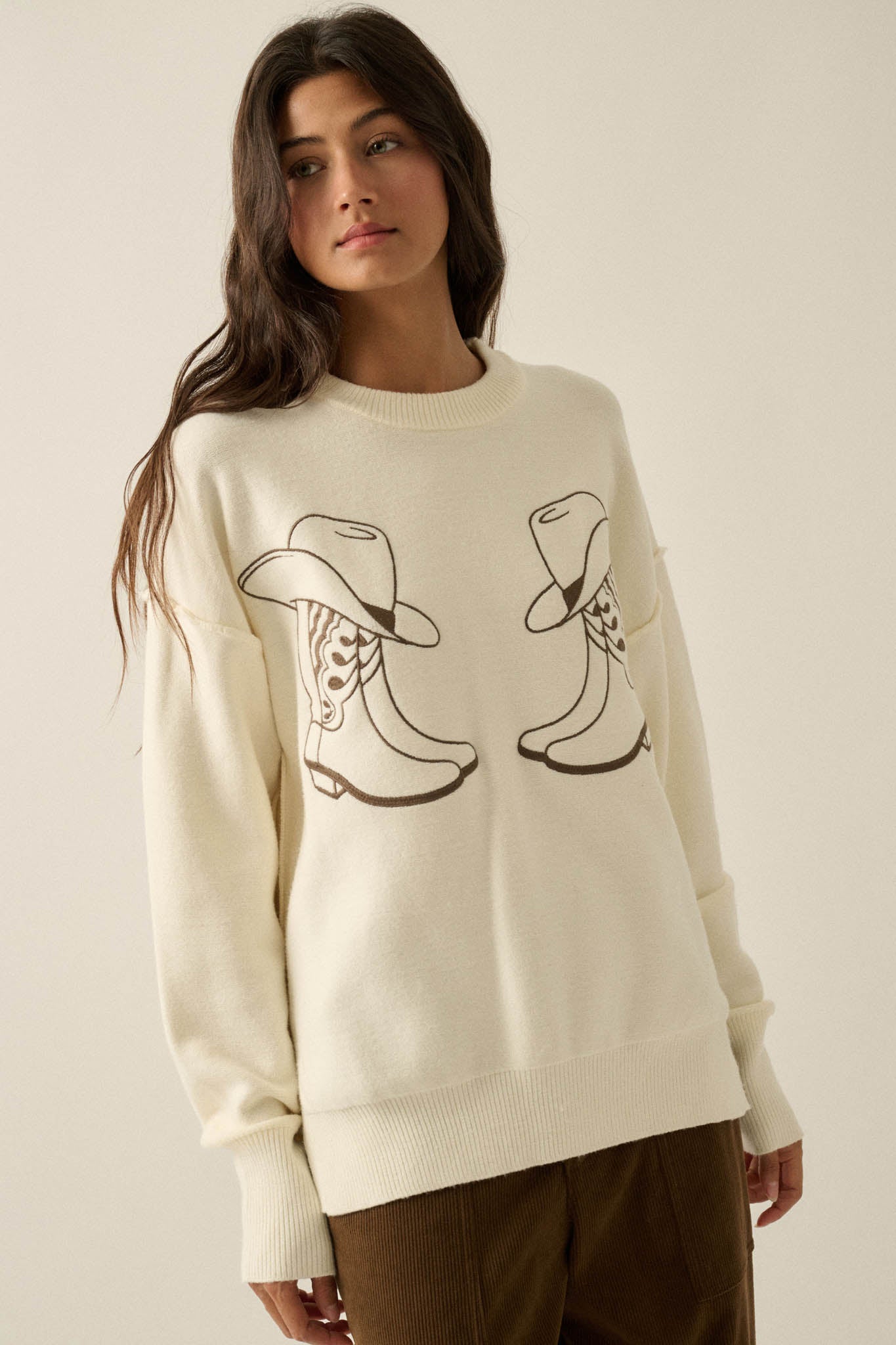 Head Over Boots Embroidered Exposed-Seam Sweater - ShopPromesa