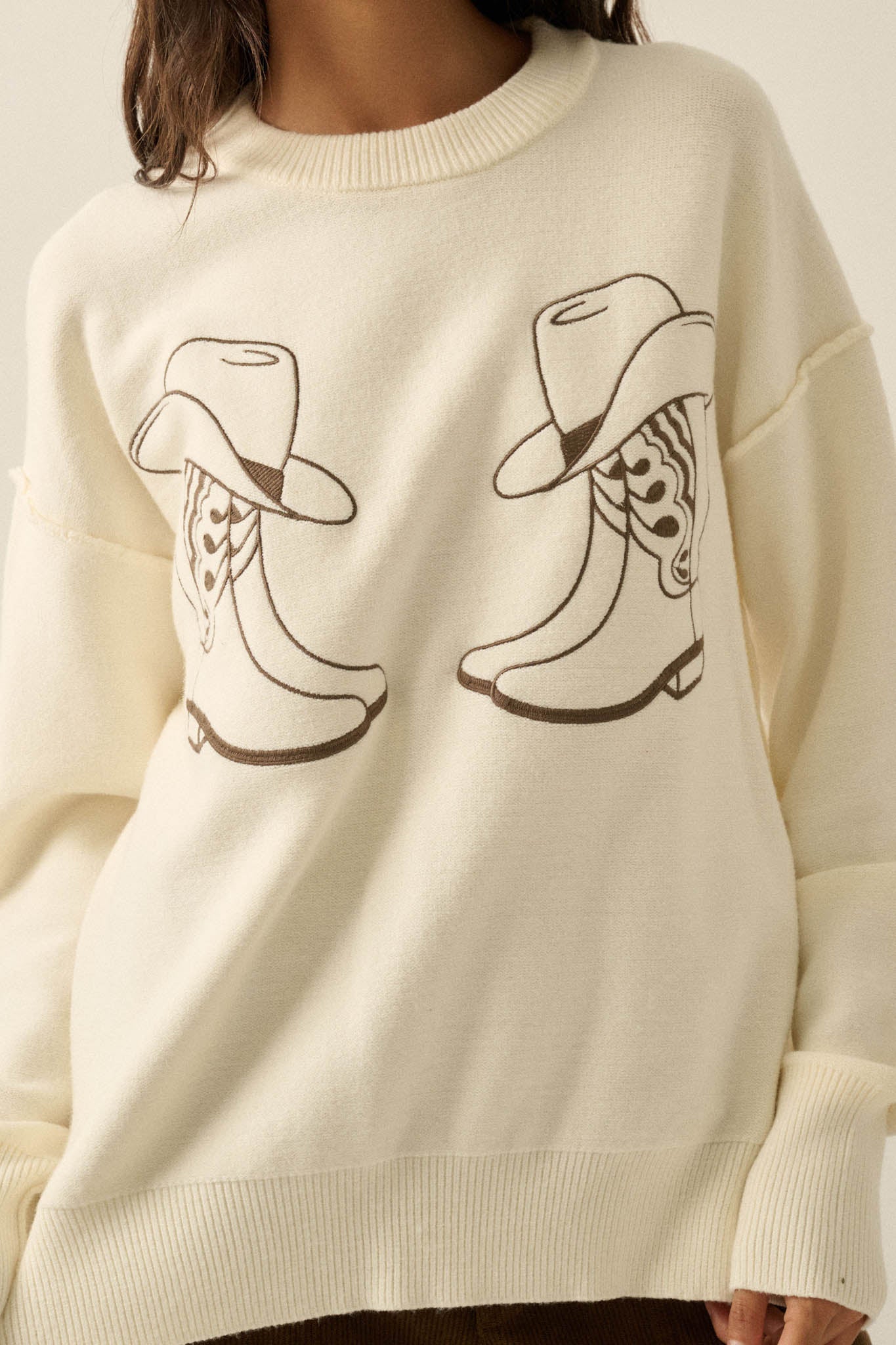 Head Over Boots Embroidered Exposed-Seam Sweater - ShopPromesa