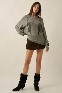 Lucky Leopards Embroidered Exposed-Seam Sweater - ShopPromesa