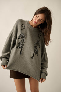 Lucky Leopards Embroidered Exposed-Seam Sweater - ShopPromesa
