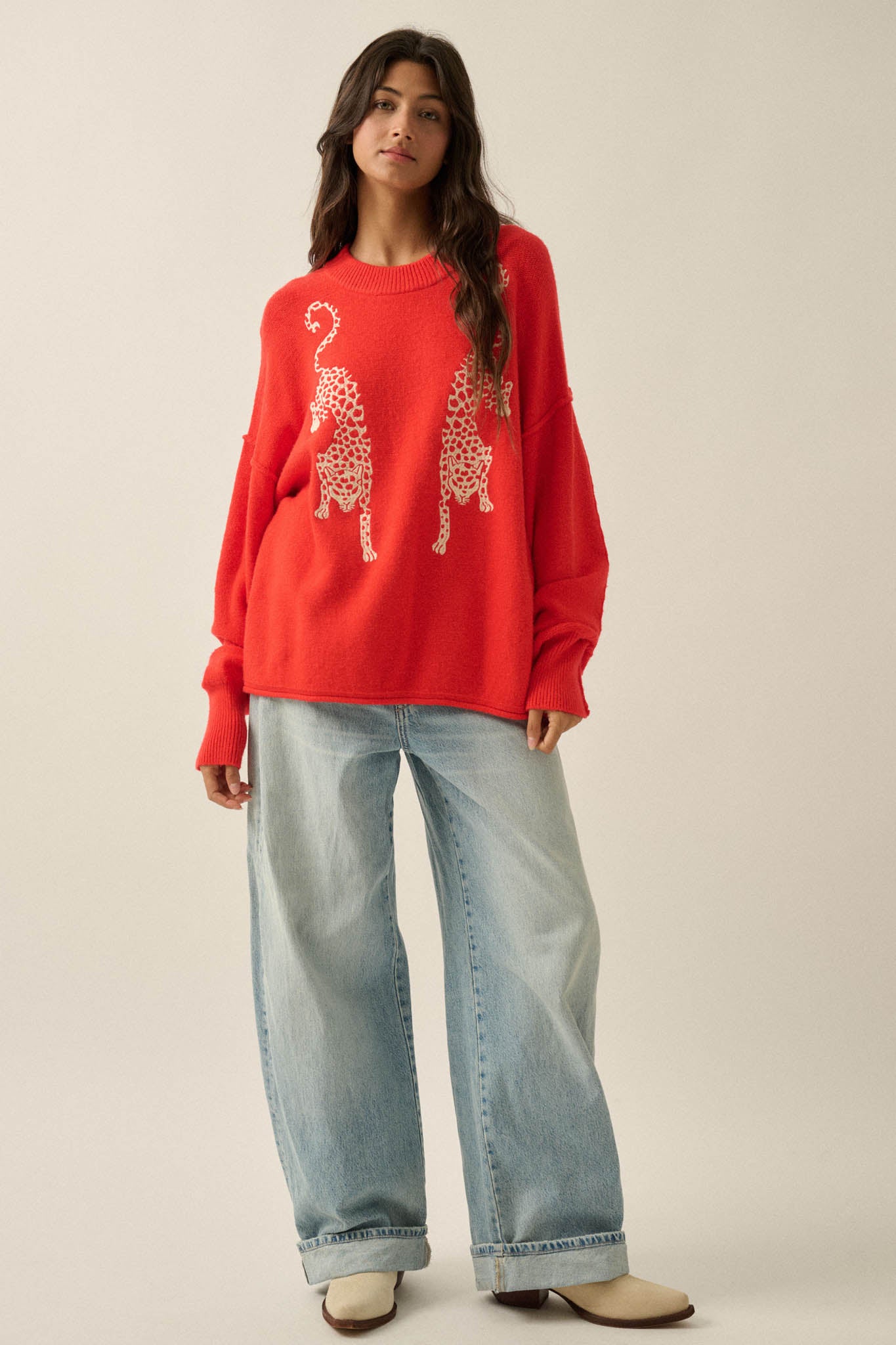 Lucky Leopards Embroidered Exposed-Seam Sweater - ShopPromesa