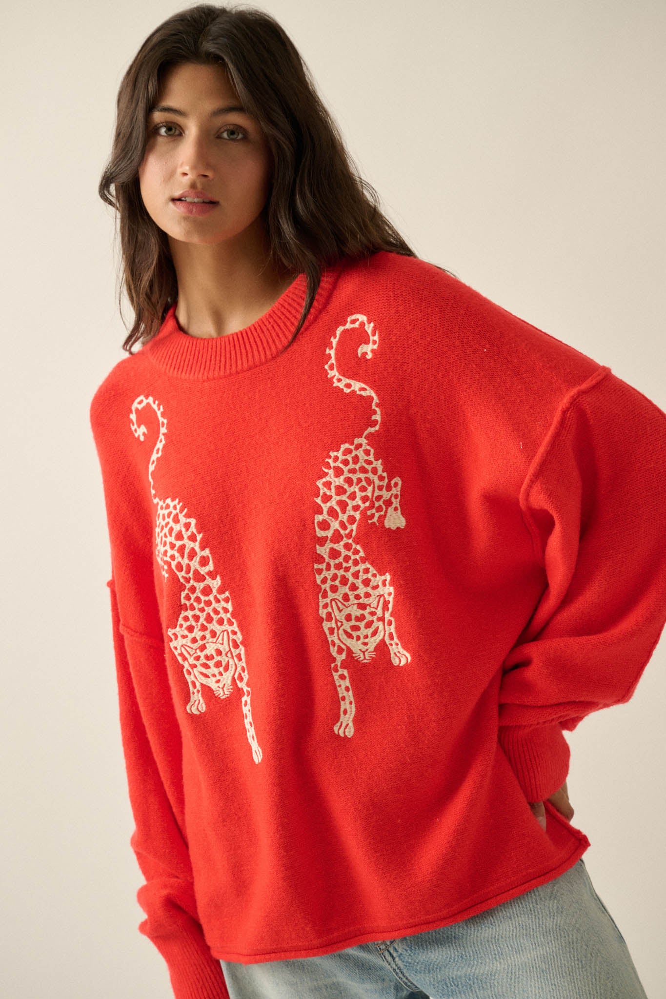Lucky Leopards Embroidered Exposed-Seam Sweater - ShopPromesa