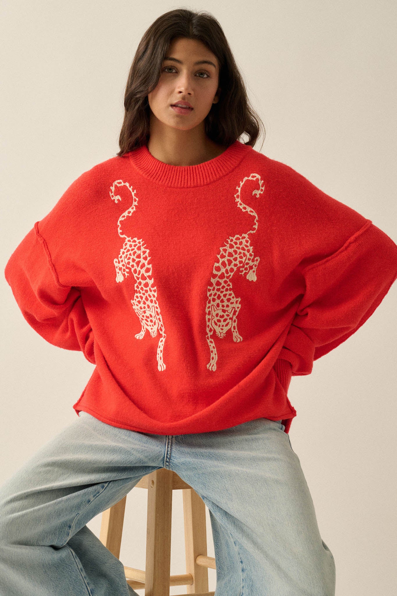 Lucky Leopards Embroidered Exposed-Seam Sweater - ShopPromesa