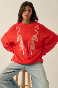 Lucky Leopards Embroidered Exposed-Seam Sweater - ShopPromesa