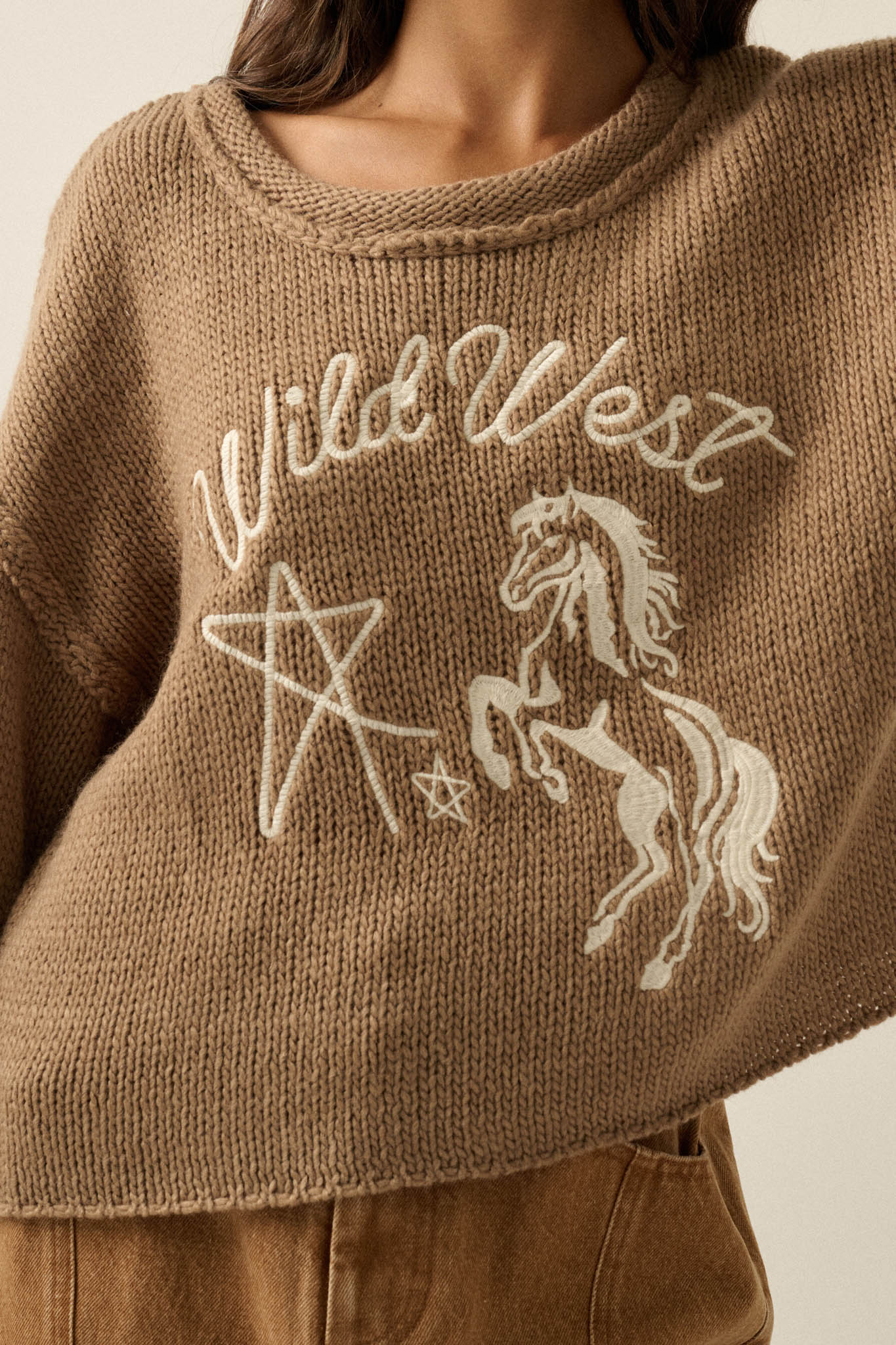 Wild West Embroidered Exposed-Seam Horse Sweater - ShopPromesa