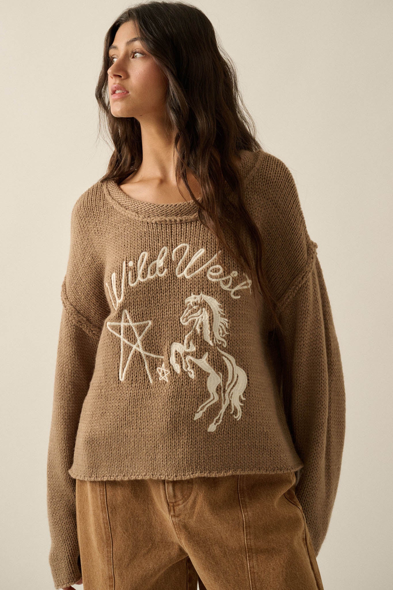 Wild West Embroidered Exposed-Seam Horse Sweater - ShopPromesa
