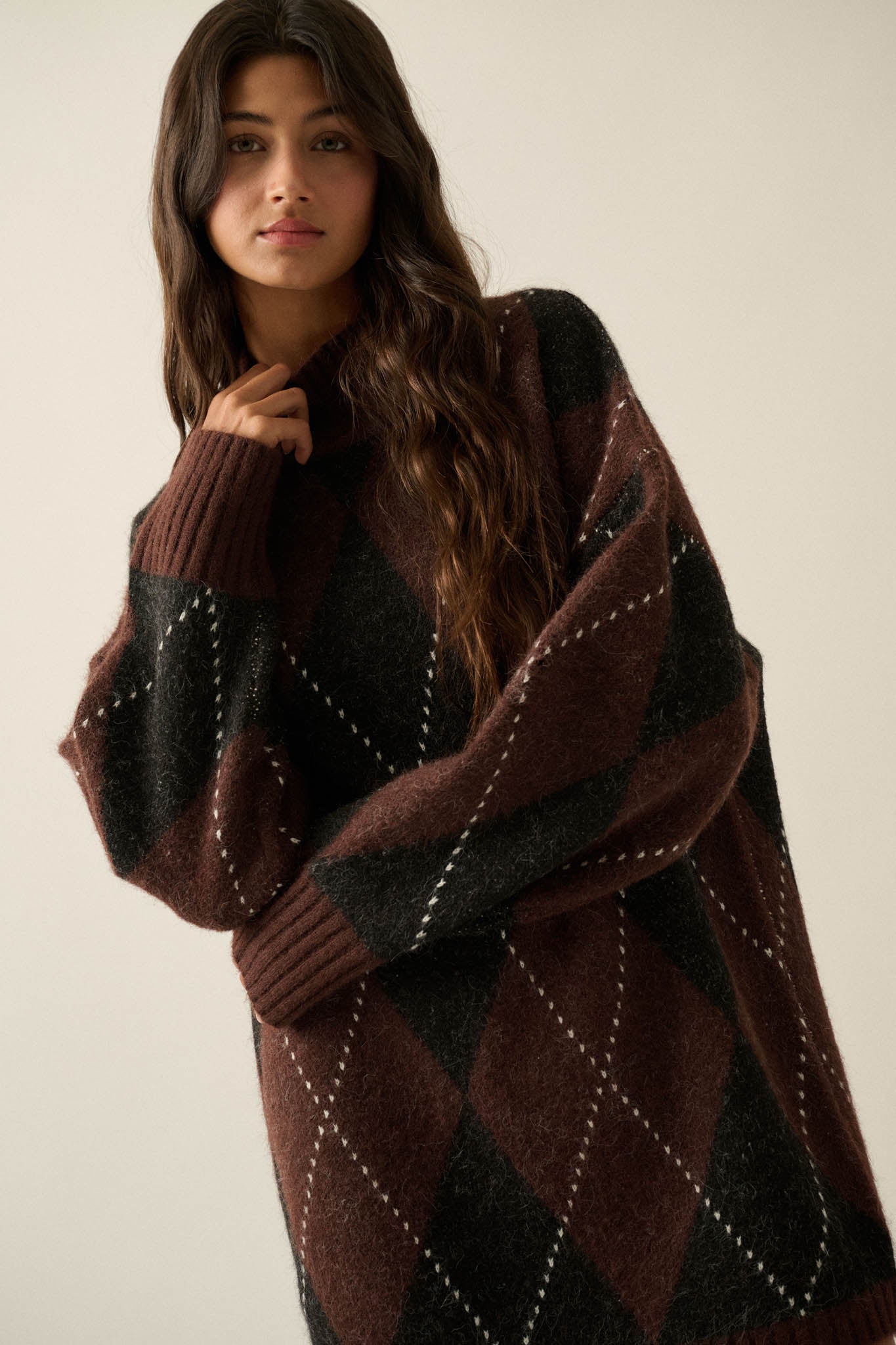 Double Diamond Argyle Plaid Knit Mock-Neck Sweater - ShopPromesa
