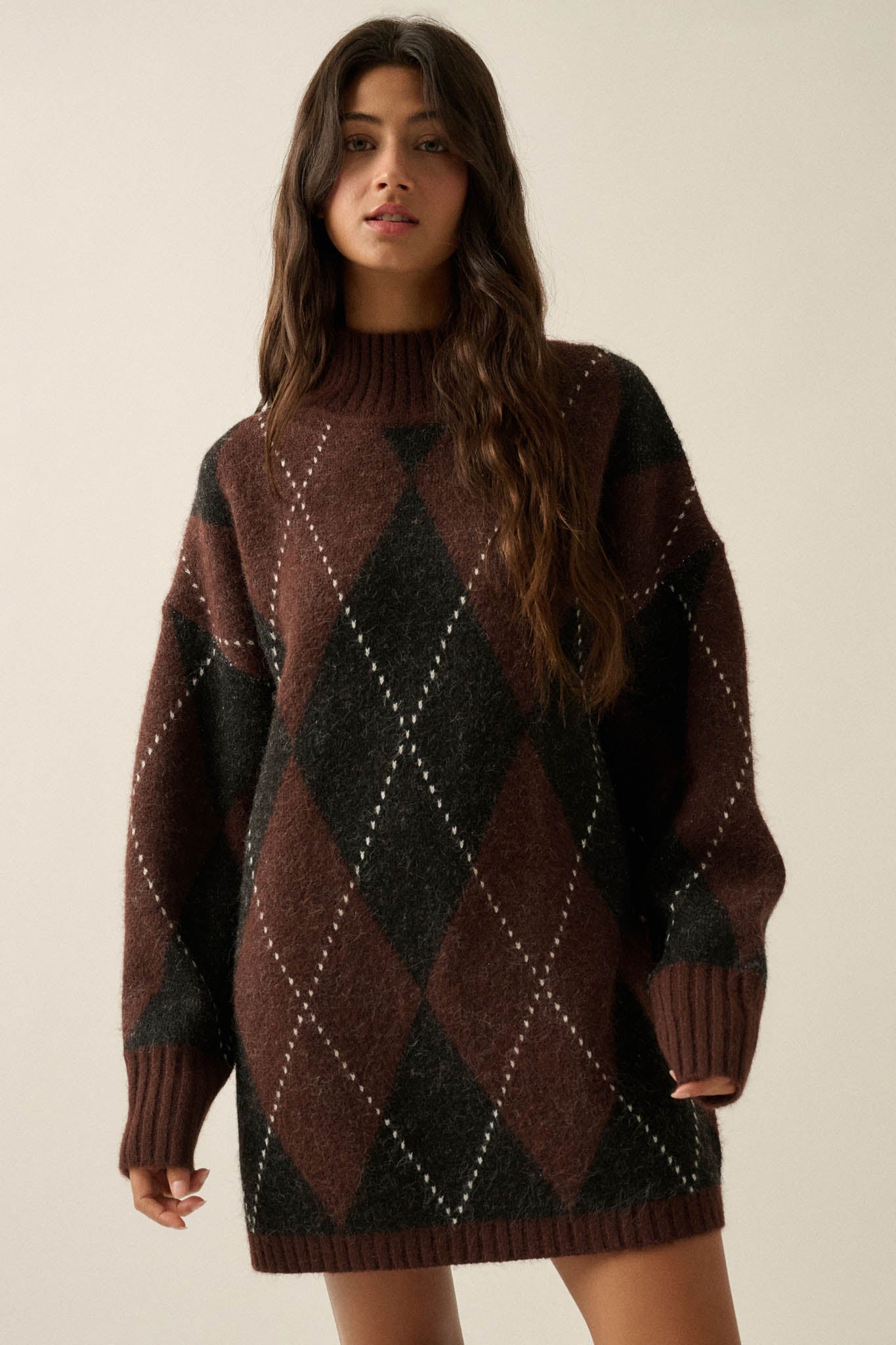Double Diamond Argyle Plaid Knit Mock-Neck Sweater - ShopPromesa