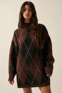 Double Diamond Argyle Plaid Knit Mock-Neck Sweater - ShopPromesa