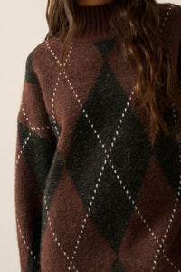 Double Diamond Argyle Plaid Knit Mock-Neck Sweater - ShopPromesa