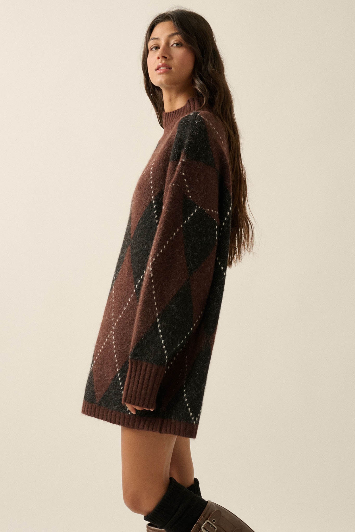 Double Diamond Argyle Plaid Knit Mock-Neck Sweater - ShopPromesa