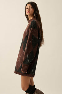Double Diamond Argyle Plaid Knit Mock-Neck Sweater - ShopPromesa