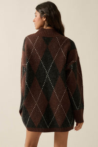 Double Diamond Argyle Plaid Knit Mock-Neck Sweater - ShopPromesa