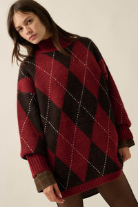 Double Diamond Argyle Plaid Knit Mock-Neck Sweater - ShopPromesa