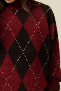 Double Diamond Argyle Plaid Knit Mock-Neck Sweater - ShopPromesa