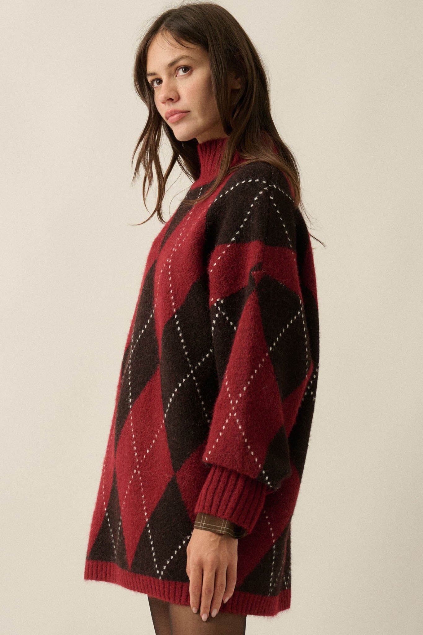 Double Diamond Argyle Plaid Knit Mock-Neck Sweater - ShopPromesa