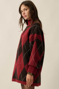 Double Diamond Argyle Plaid Knit Mock-Neck Sweater - ShopPromesa