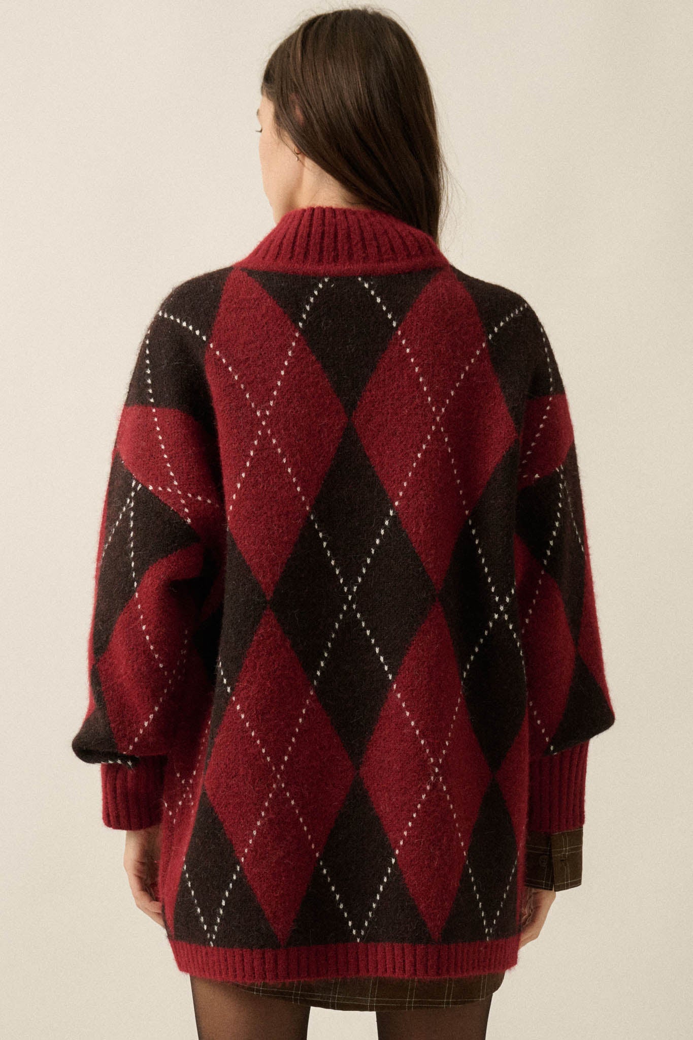 Double Diamond Argyle Plaid Knit Mock-Neck Sweater - ShopPromesa