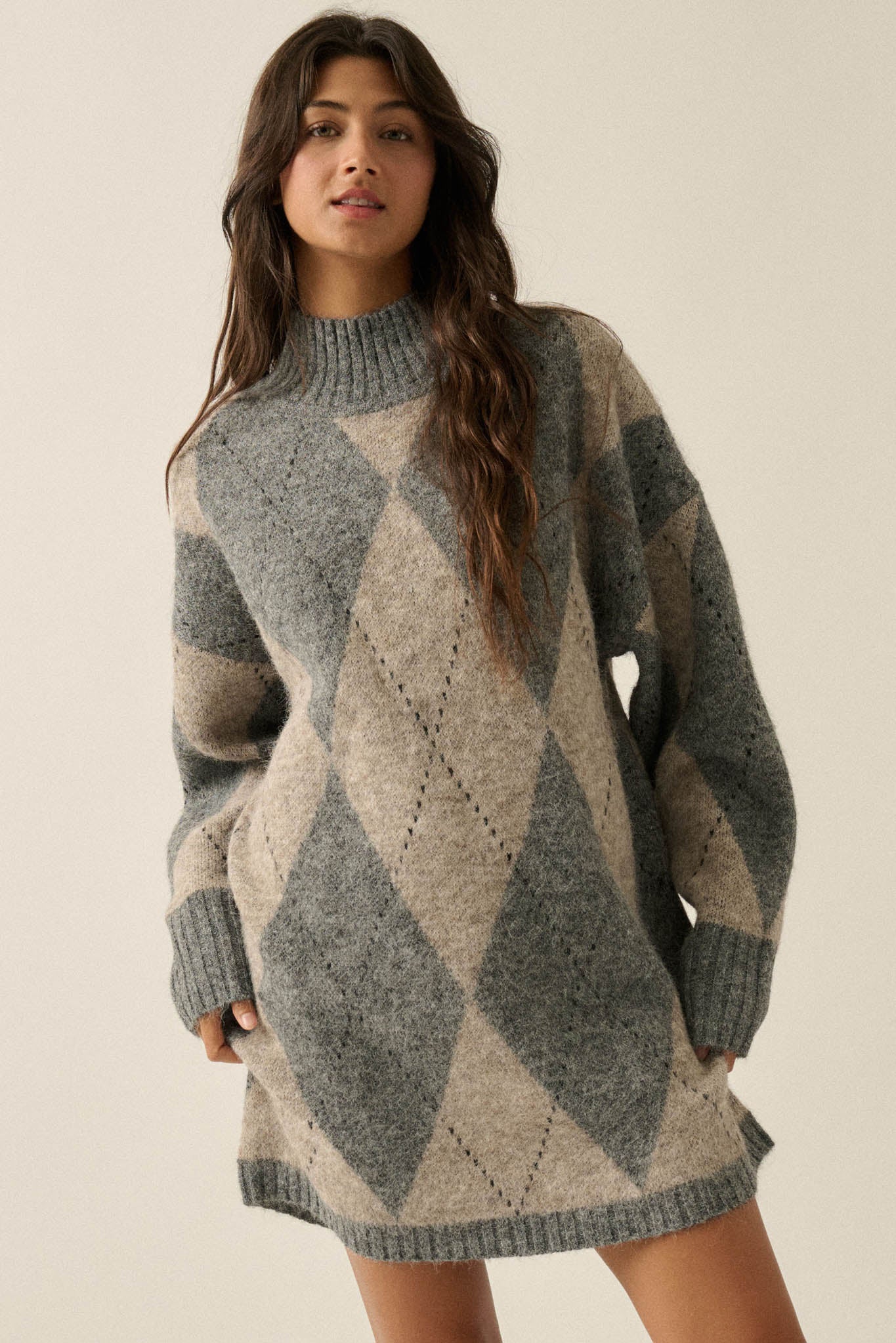 Double Diamond Argyle Plaid Knit Mock-Neck Sweater - ShopPromesa