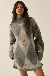 Double Diamond Argyle Plaid Knit Mock-Neck Sweater - ShopPromesa
