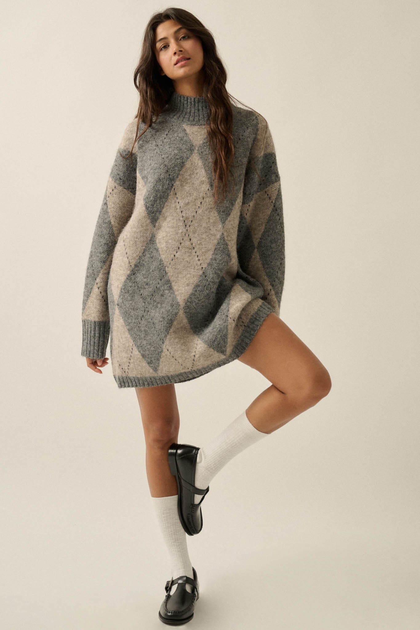 Double Diamond Argyle Plaid Knit Mock-Neck Sweater - ShopPromesa