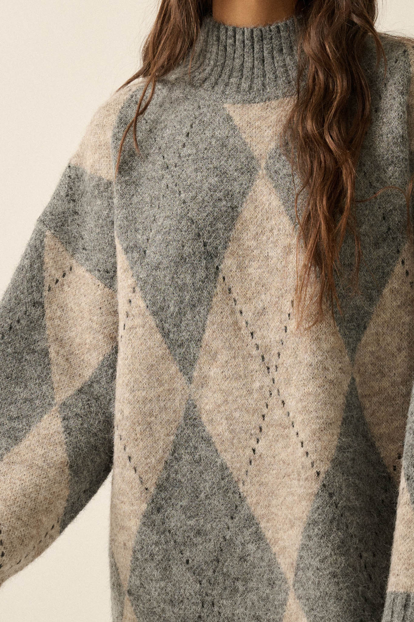 Double Diamond Argyle Plaid Knit Mock-Neck Sweater - ShopPromesa