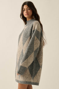 Double Diamond Argyle Plaid Knit Mock-Neck Sweater - ShopPromesa