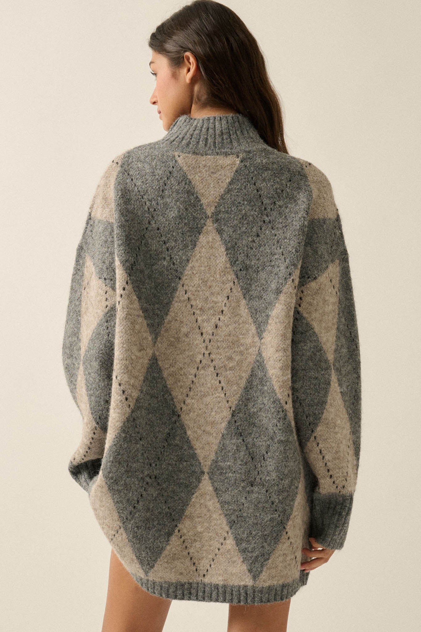 Double Diamond Argyle Plaid Knit Mock-Neck Sweater - ShopPromesa