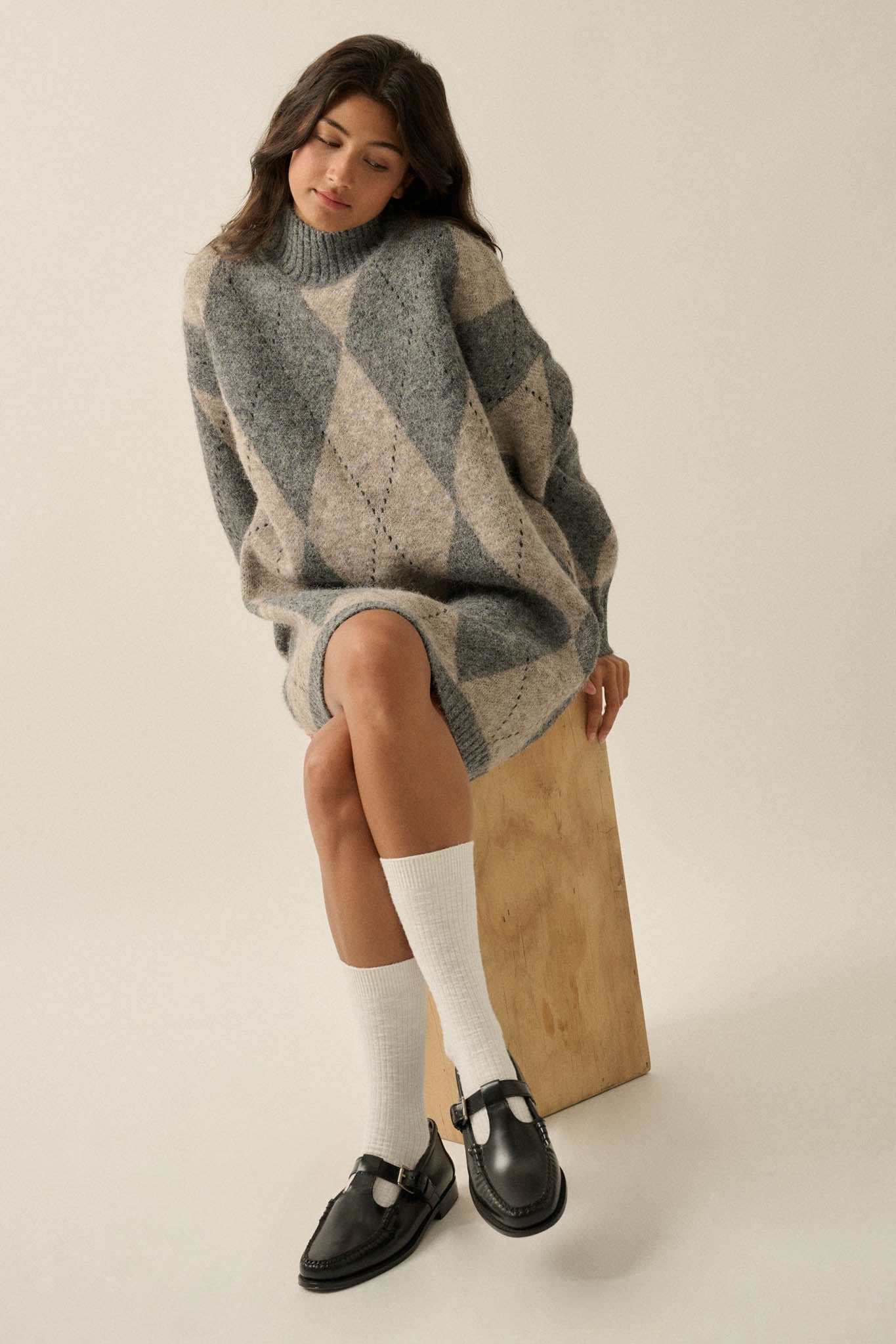 Double Diamond Argyle Plaid Knit Mock-Neck Sweater - ShopPromesa