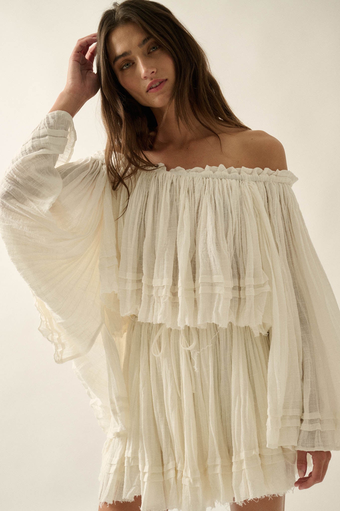 Flying Free Cotton Gauze Off-Shoulder Angel-Sleeve Top - ShopPromesa