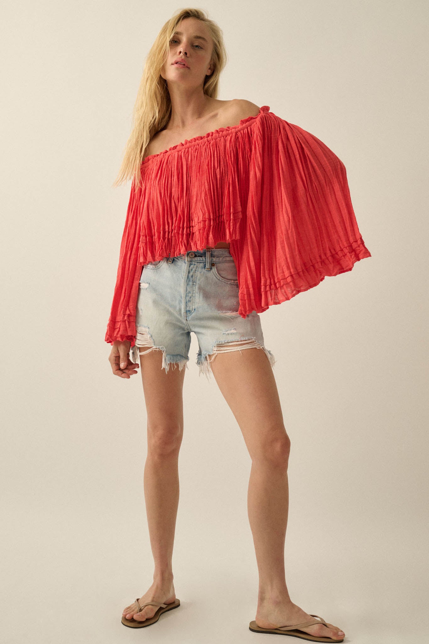 Flying Free Cotton Gauze Off-Shoulder Angel-Sleeve Top - ShopPromesa