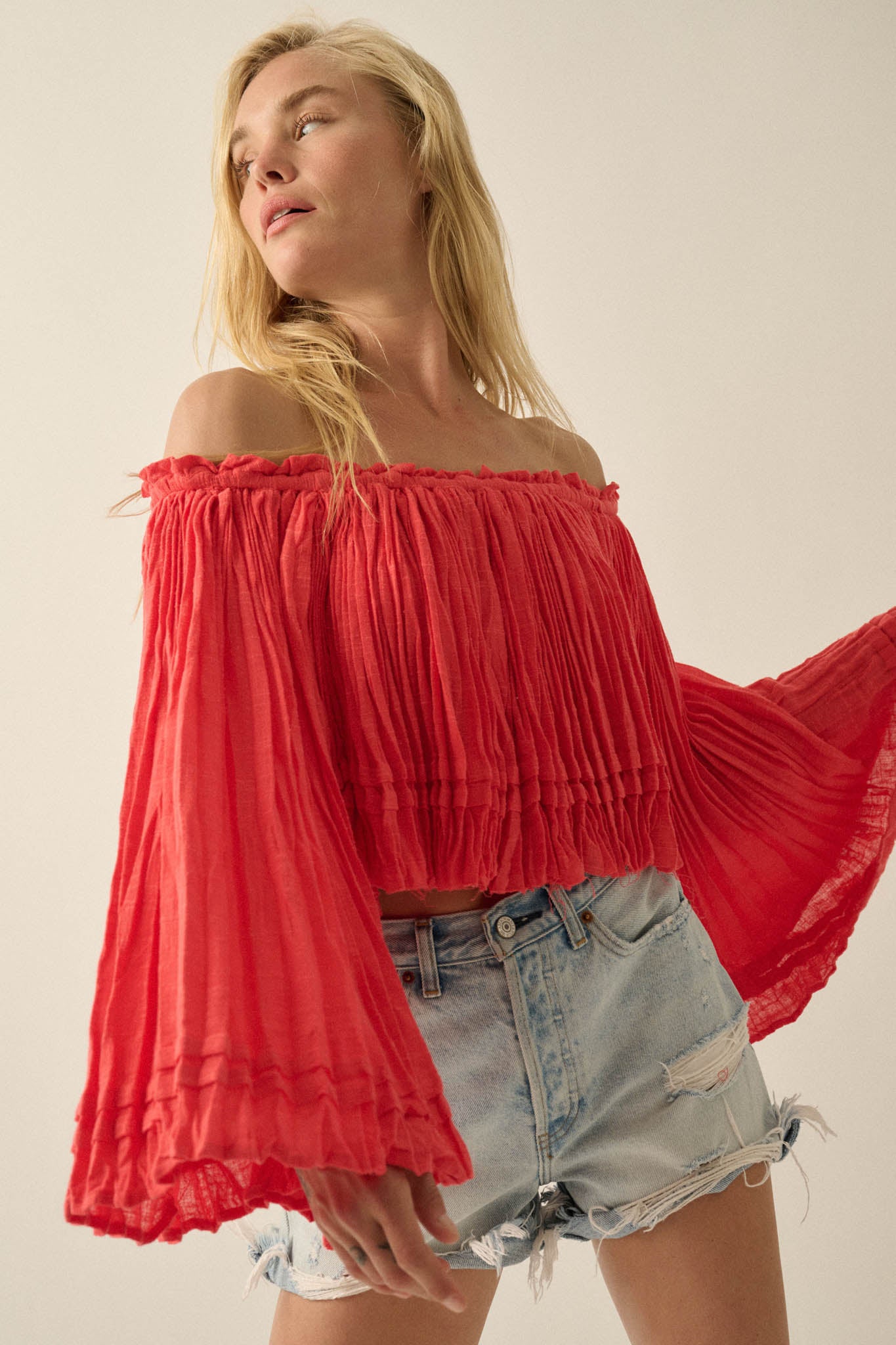 Flying Free Cotton Gauze Off-Shoulder Angel-Sleeve Top - ShopPromesa