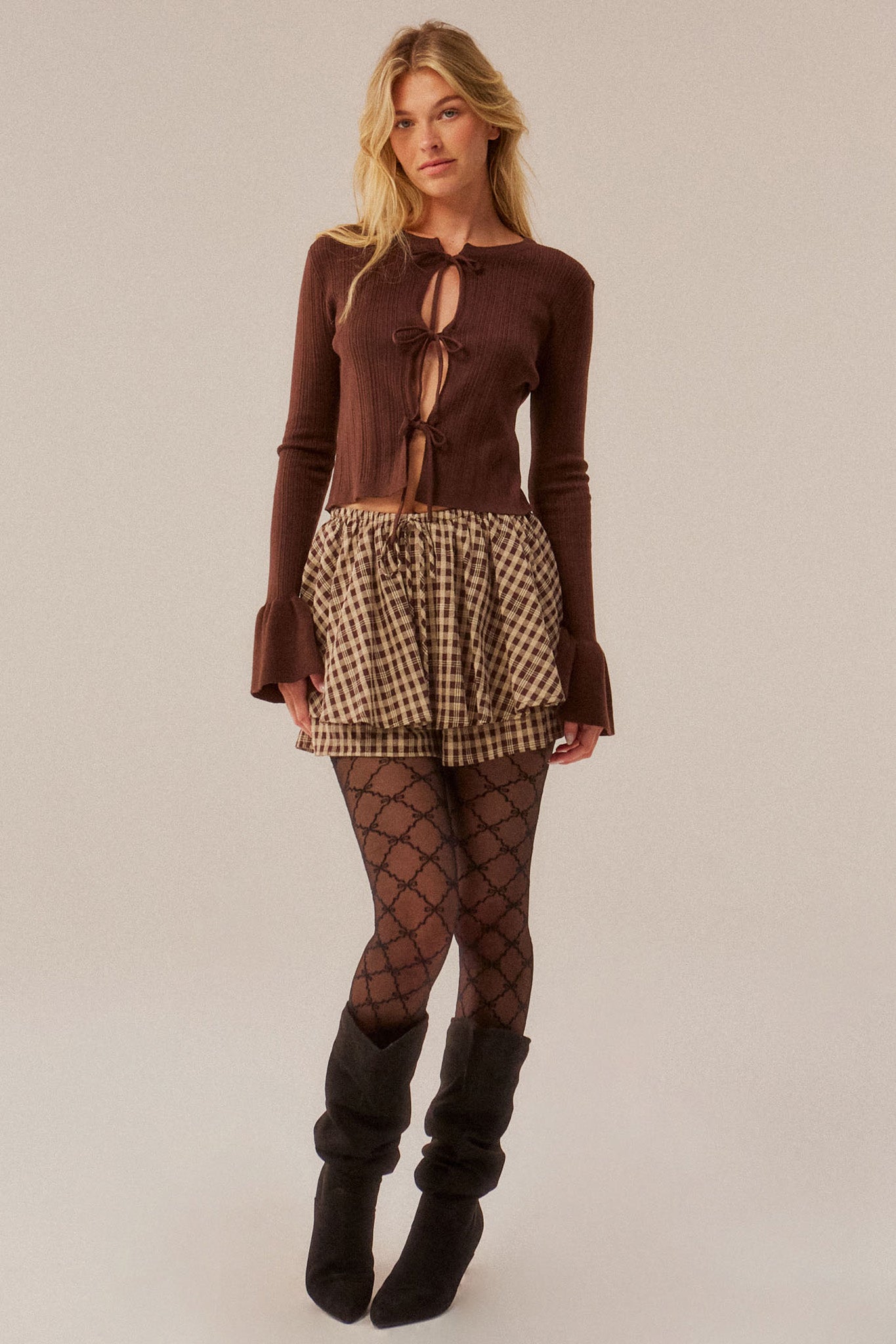Be Kind Ribbed Knit Tie-Front Bell-Sleeve Cardigan - ShopPromesa