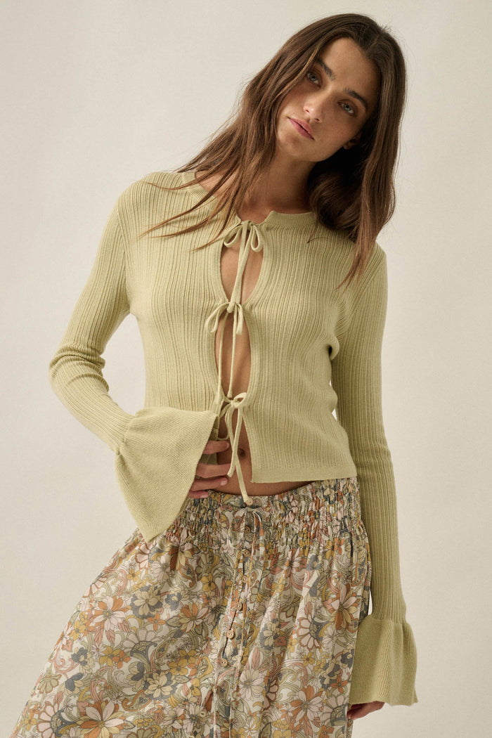 Be Kind Ribbed Knit Tie-Front Bell-Sleeve Cardigan - ShopPromesa
