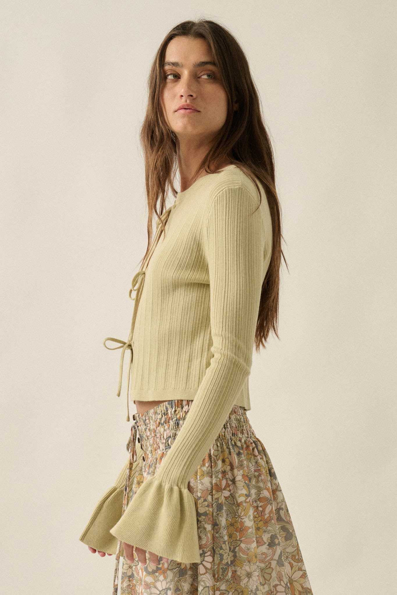 Be Kind Ribbed Knit Tie-Front Bell-Sleeve Cardigan - ShopPromesa