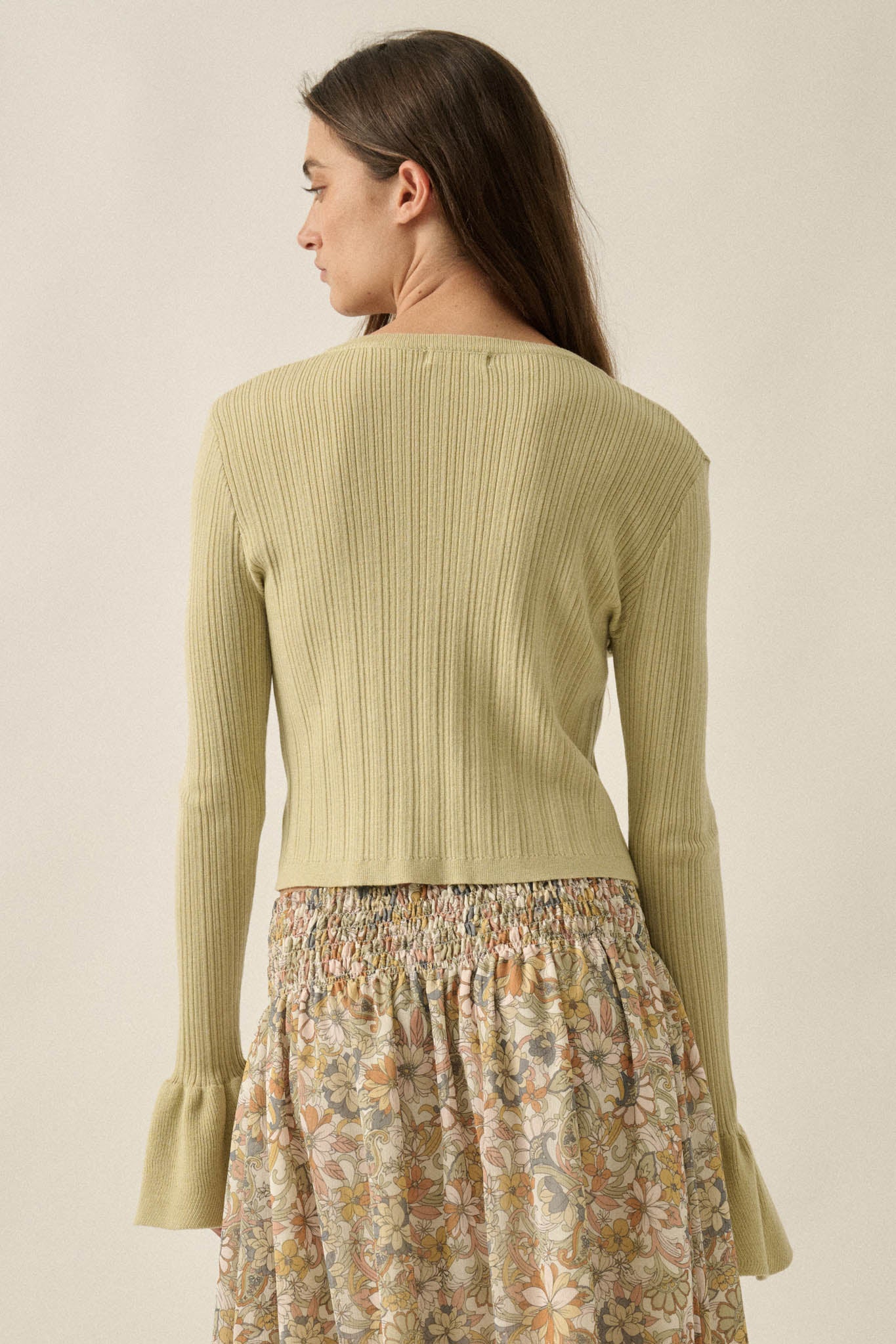 Be Kind Ribbed Knit Tie-Front Bell-Sleeve Cardigan - ShopPromesa